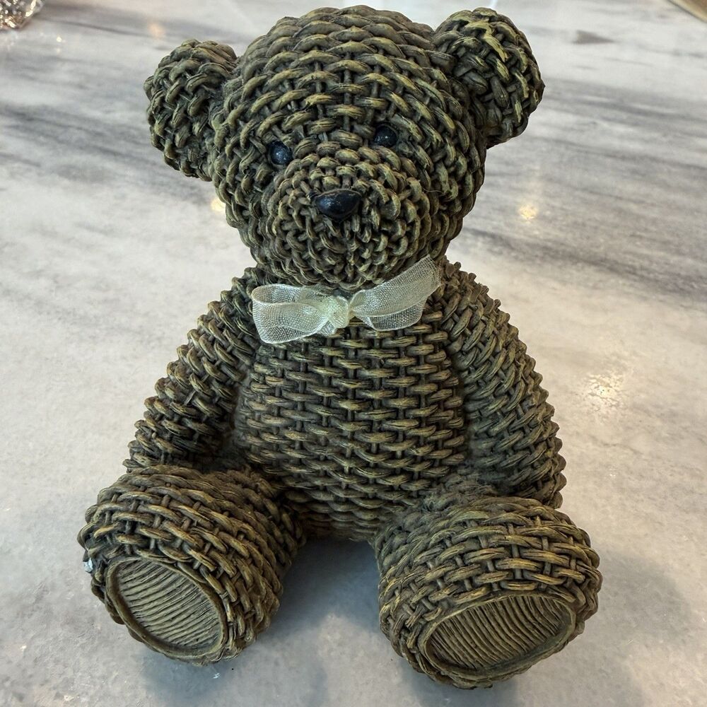 Wicker Look Brown Resin Sitting Teddy Bear Figure Decor Nursery Baby Room